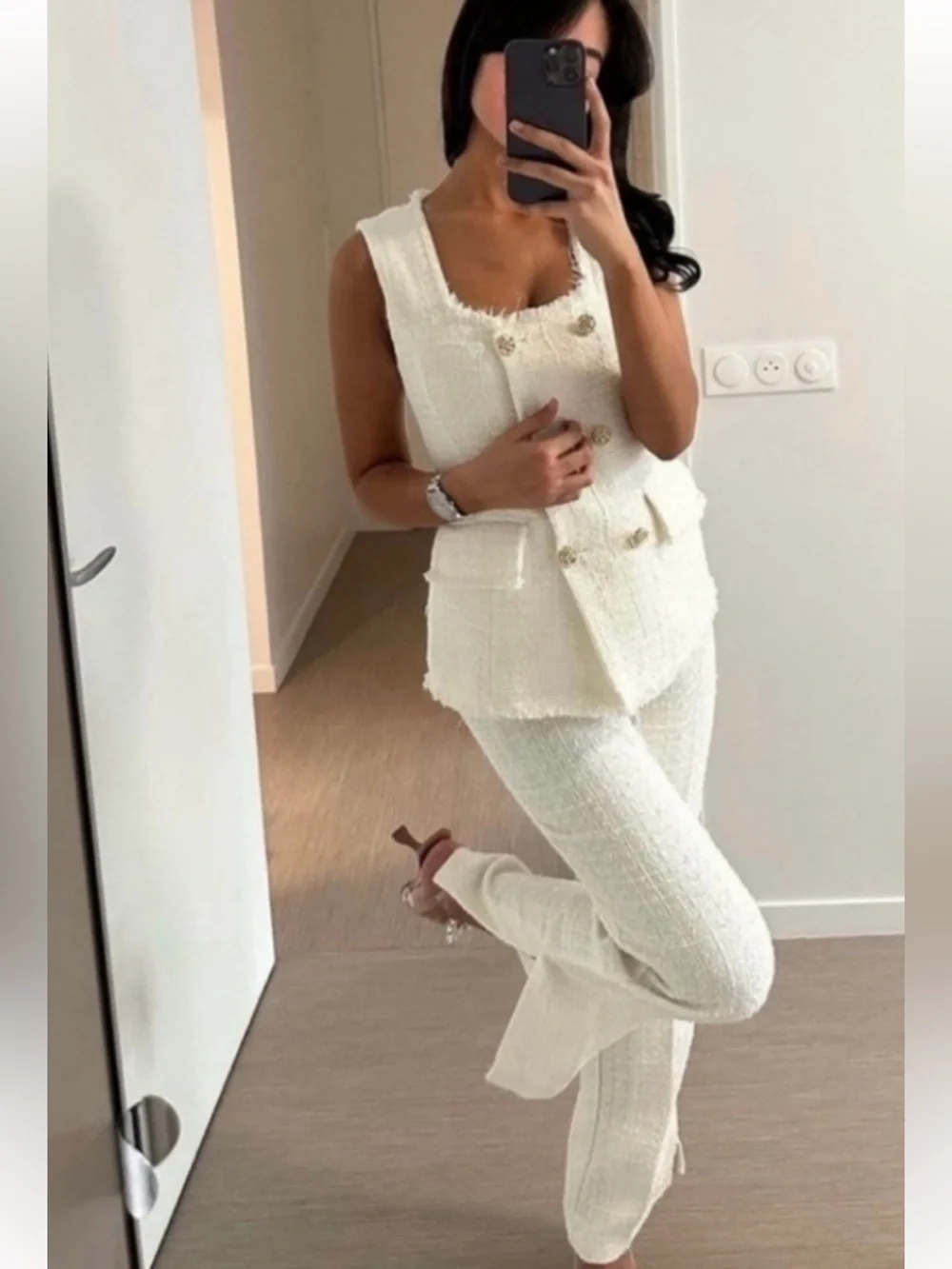 Zara 2 piece matching SET ivory textured tweed rhinestone button vest & pants
